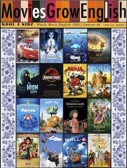 Kool for Kidz book cover, collage of movie lesson covers for ESL film lessons at Movies Grow English